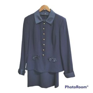 Vtg Albert Nipon Suit Womens Sz 12 Blue Wool Remove Collar Cuff Hong Kong 1980s